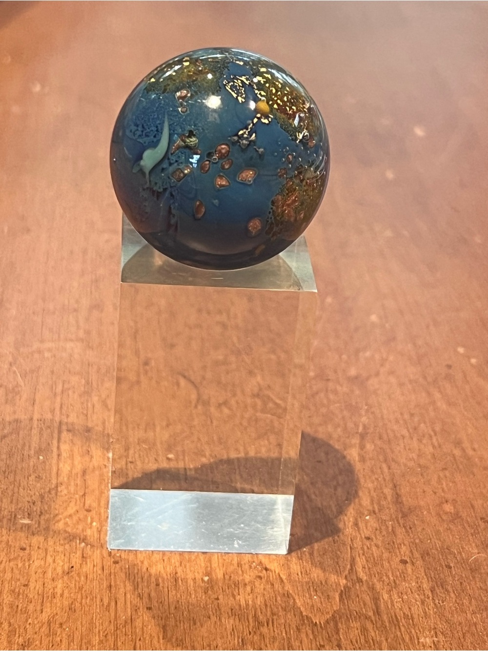 Josh Simpson Signed Art Glass "Inhabited Planet" Orb Marble with Stand